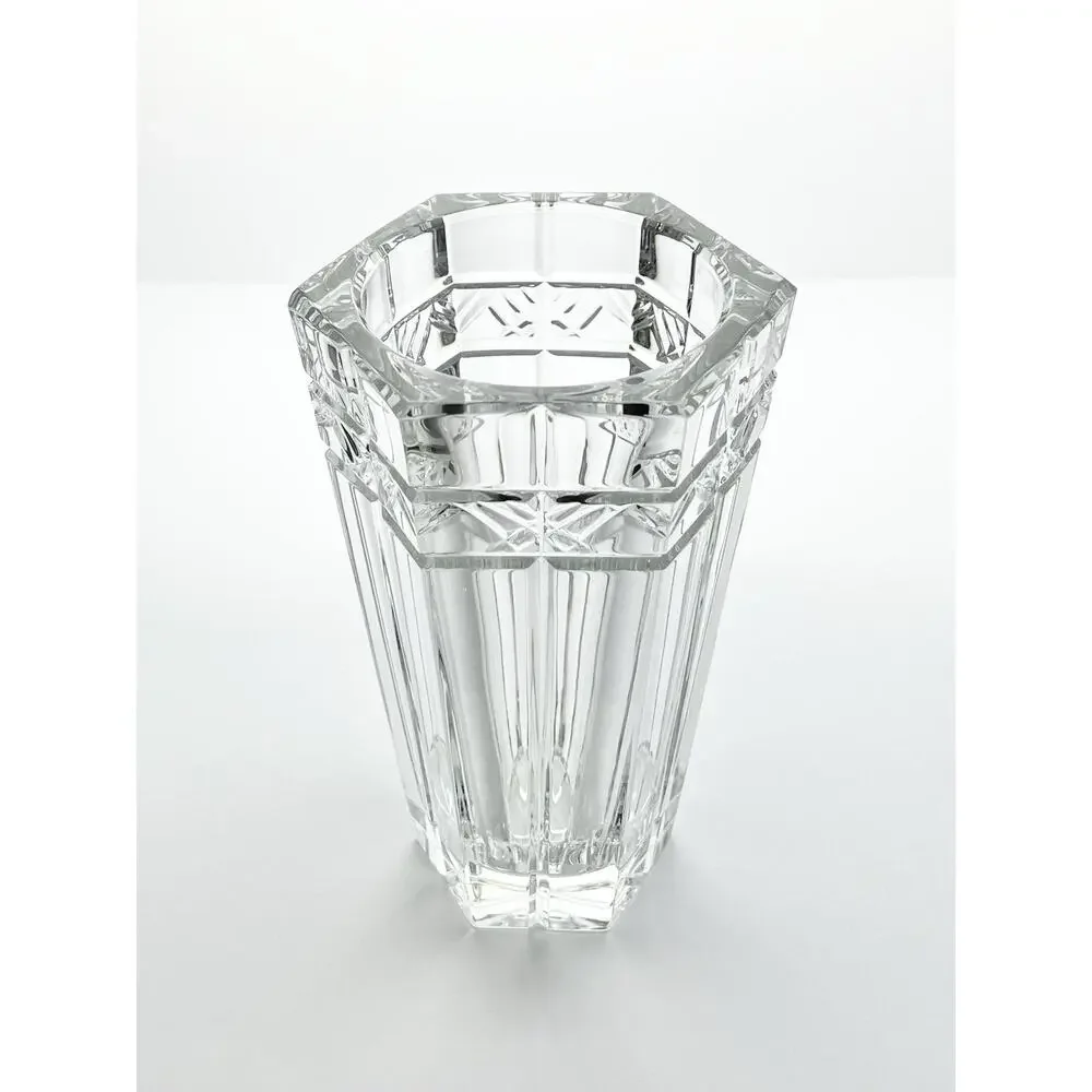 1990s Rogaska Hexagonal Heavy Vertical Cut Crystal Table Vase 8 1/4” Signed